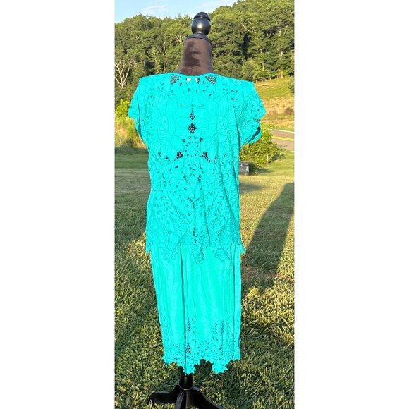 Blue Sky Handcrafted Bali 2Pc Turquoise Embroidered Lace Top Maxi Skirt Set Vtg - Picture 2 of 11